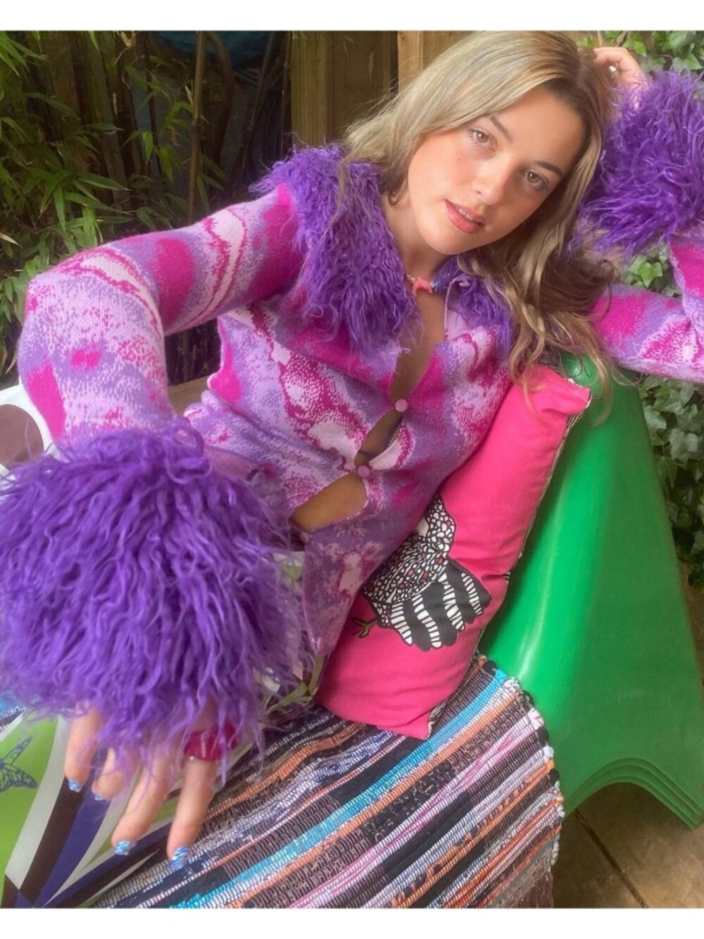 HOUSE OF SUNNY Peggy cut out faux fur trim cardigan in Purple Heat US4